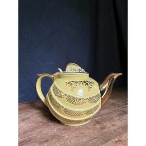 Vintage Hall China, Teapot, Yellow w/ Gold Flowers & Swirling Design, Hook Lid.